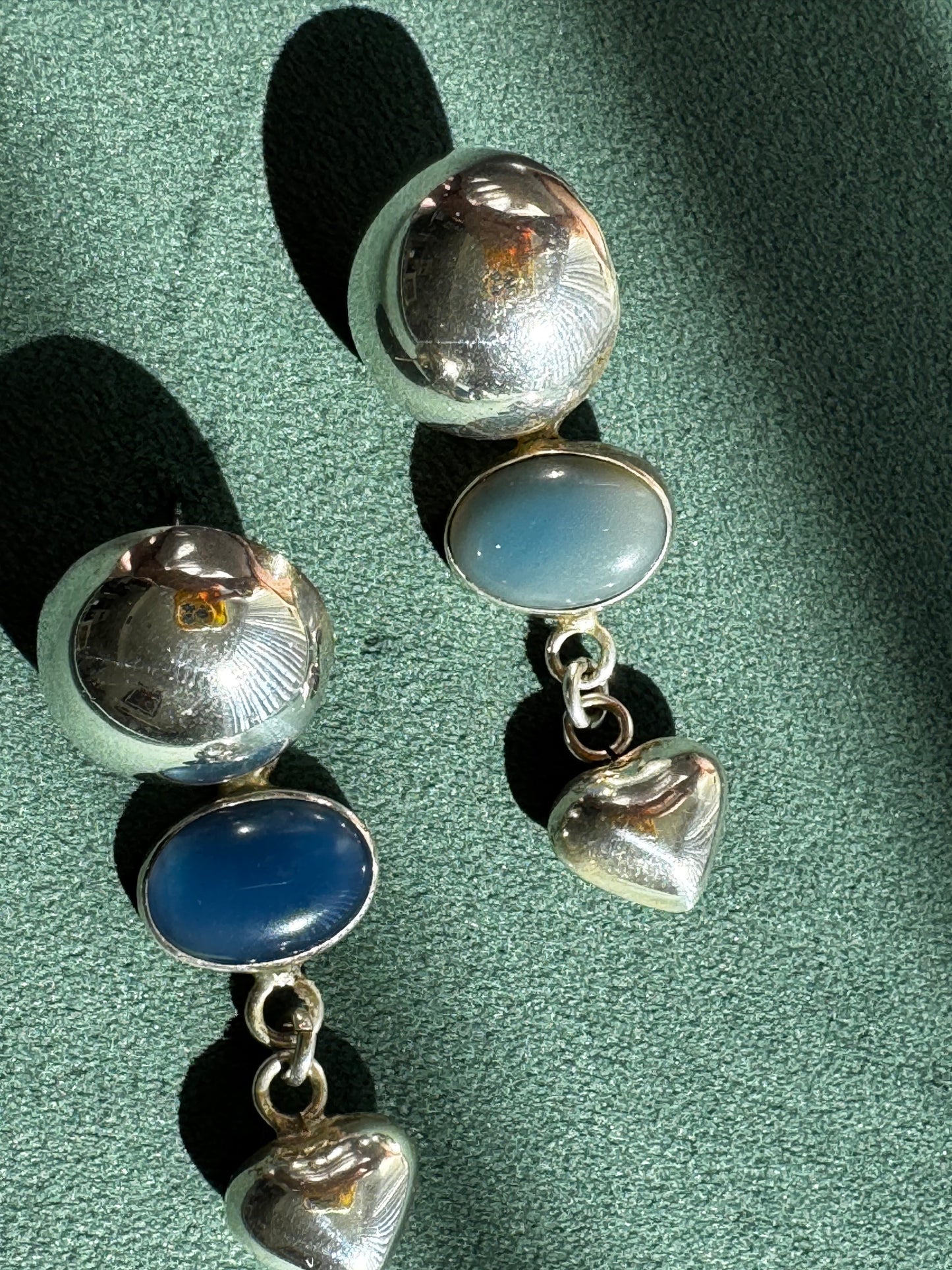 Vintage Taxco Mexico Sterling Silver Dome Chalcedony Heart Drop Earrings Y2K Romantic Three Element Dangle TM 925