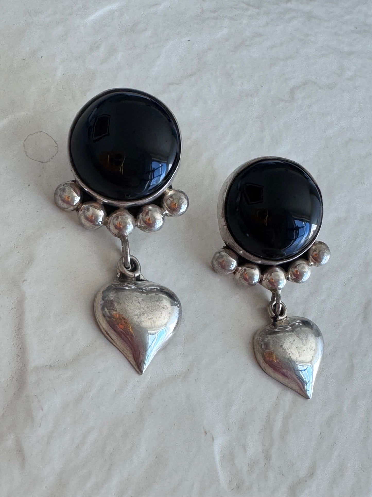 Estate Onyx Heart Drop Earrings Taxco Sterling Silver Signed TO-53