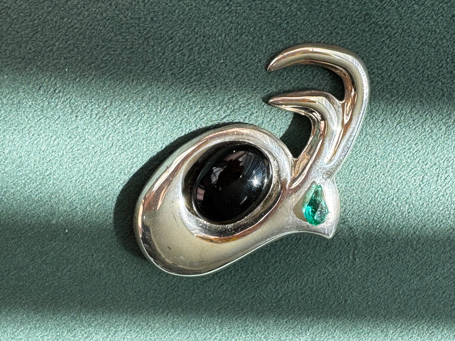 Vintage Sterling Silver Modernist Biomorphic Brooch Black Onyx and Teal Stone Mexico 1980s