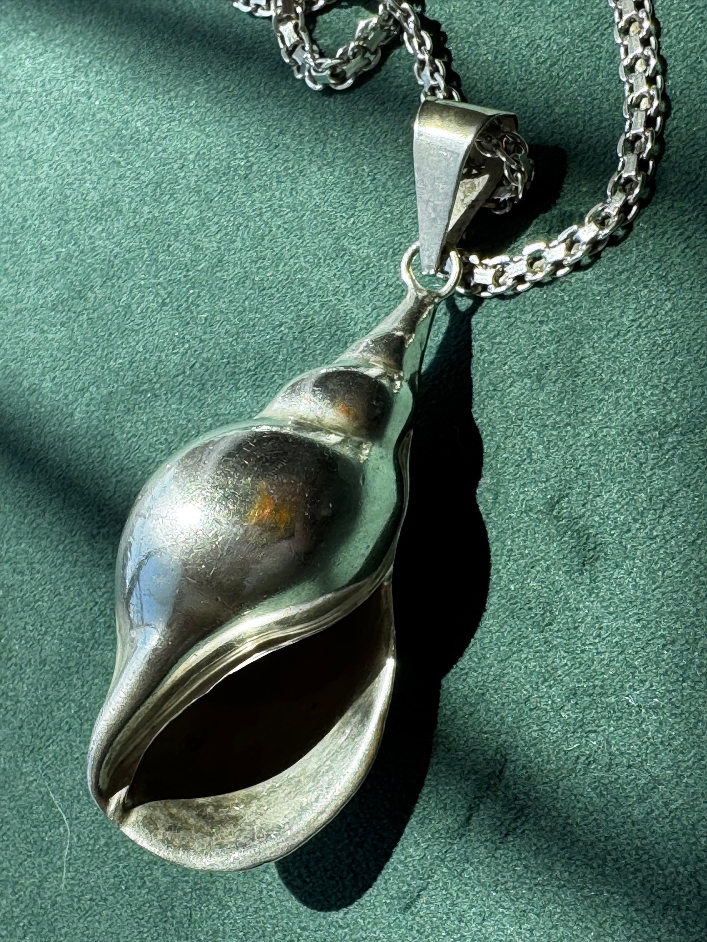 Sterling Silver Hollow Conch Shell Pendant Vintage Taxco Necklace & Chain Mermaid Life