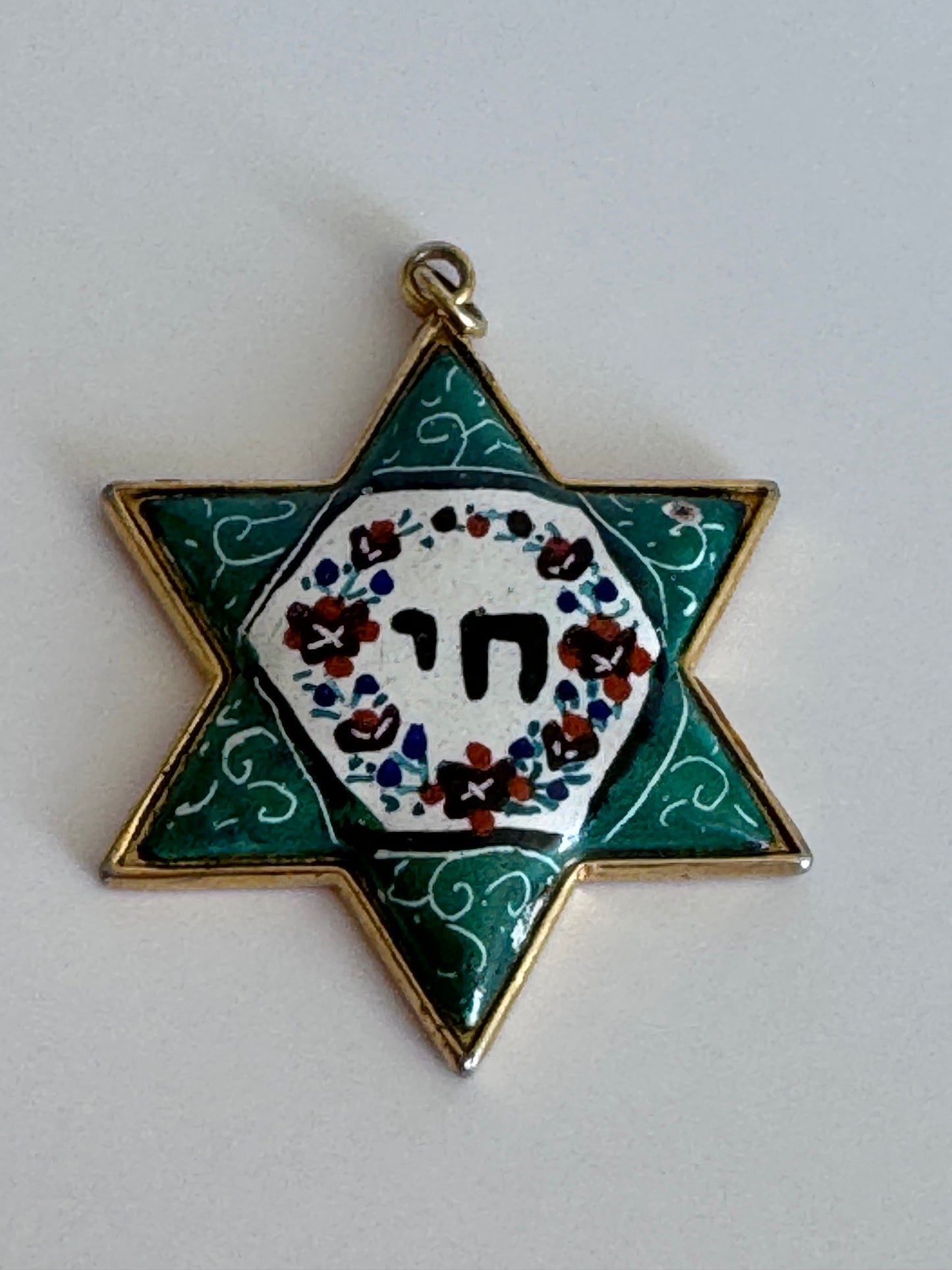 Vintage Enamel Star of David Pendant Gold Plated Hebrew Chai Floral Design