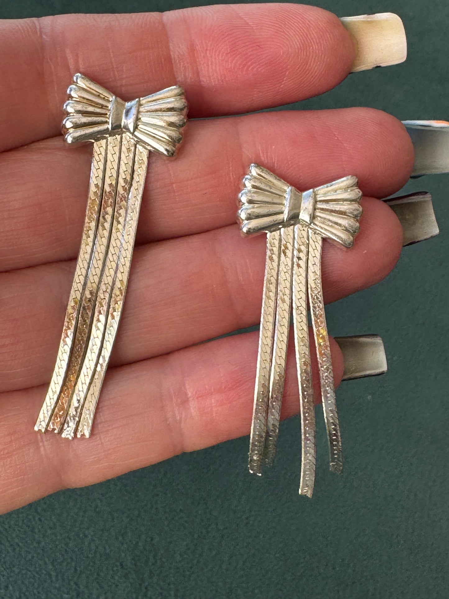 Vintage Sterling Silver Bow Earrings with Fringe Dangles Rockabilly Pin-Up Style