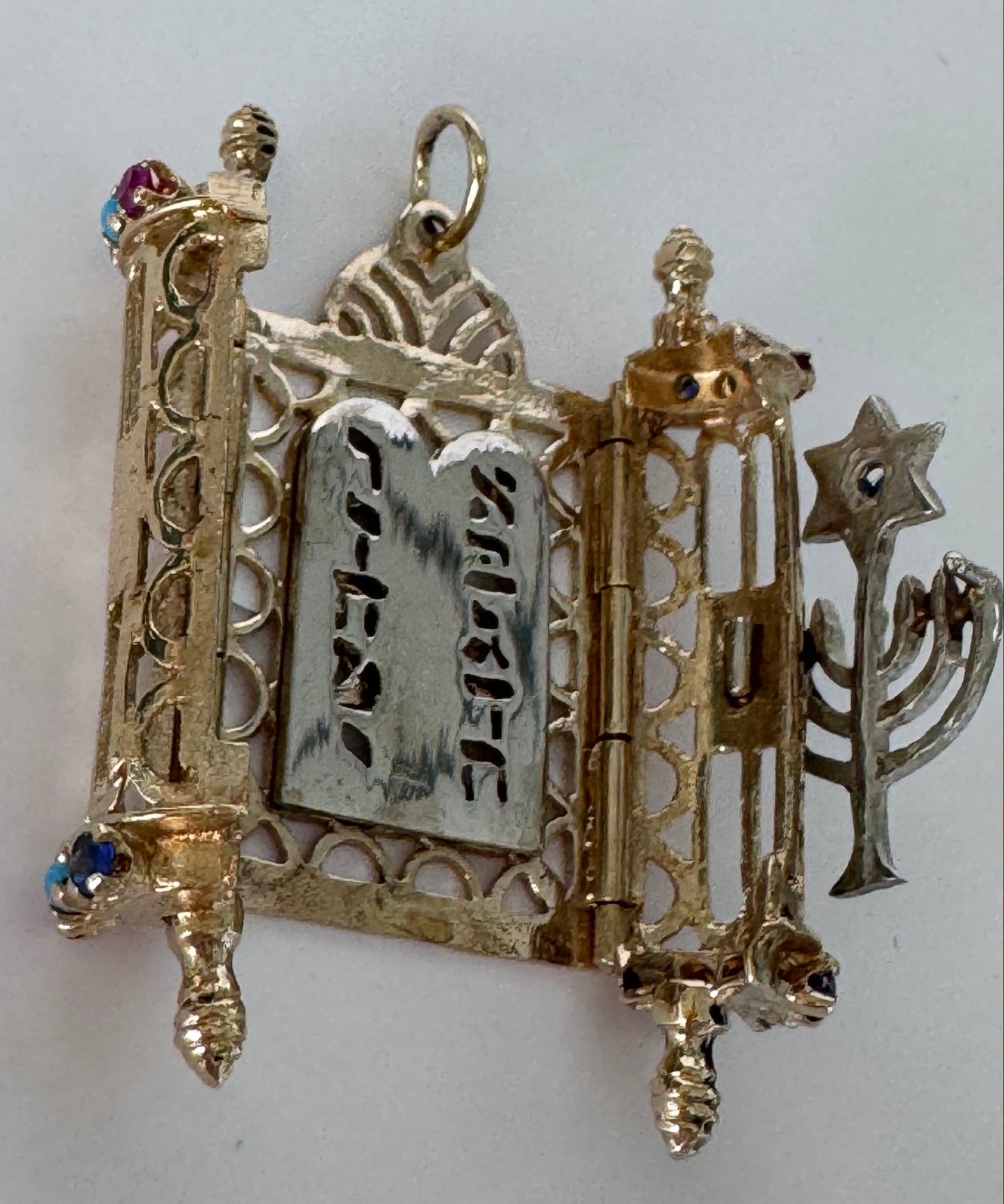 Magnificent 1950s Custom Torah Scroll Charm - 14k Two-Tone Gold with Gemstones