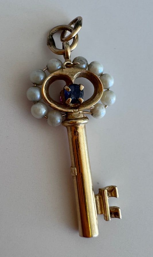 Estate 14K Gold Multi-Gemstone Key Pendant by Colonial Trading Company