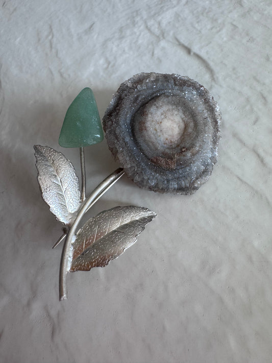  Estate Soviet silver flower brooch with natural druzy geode center and green aventurine bud, showing textured leaves and crystalline details