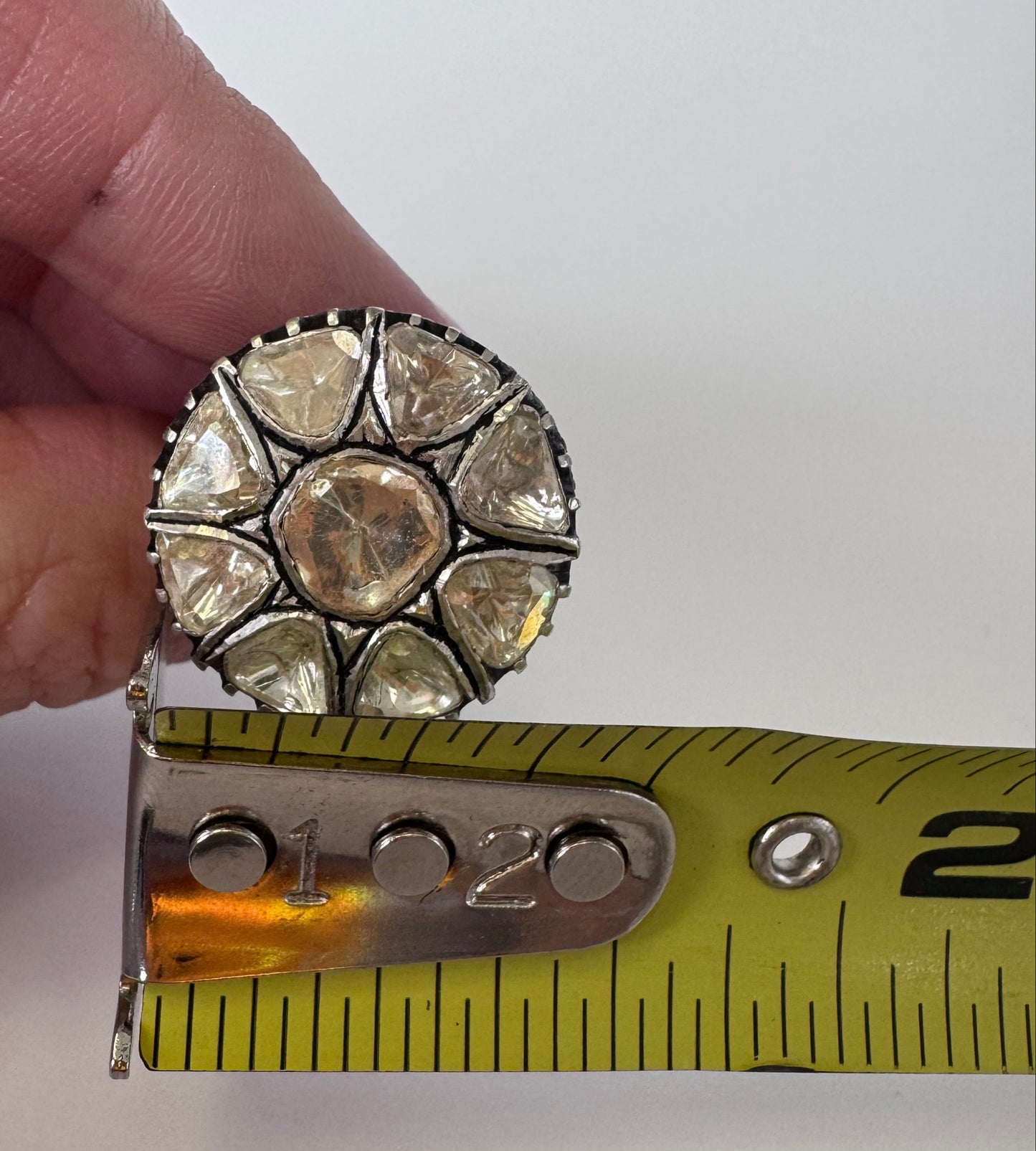 Estate Sterling Silver Polki Rose Cut Diamond Flower Ring Traditional Indian Mughal Style