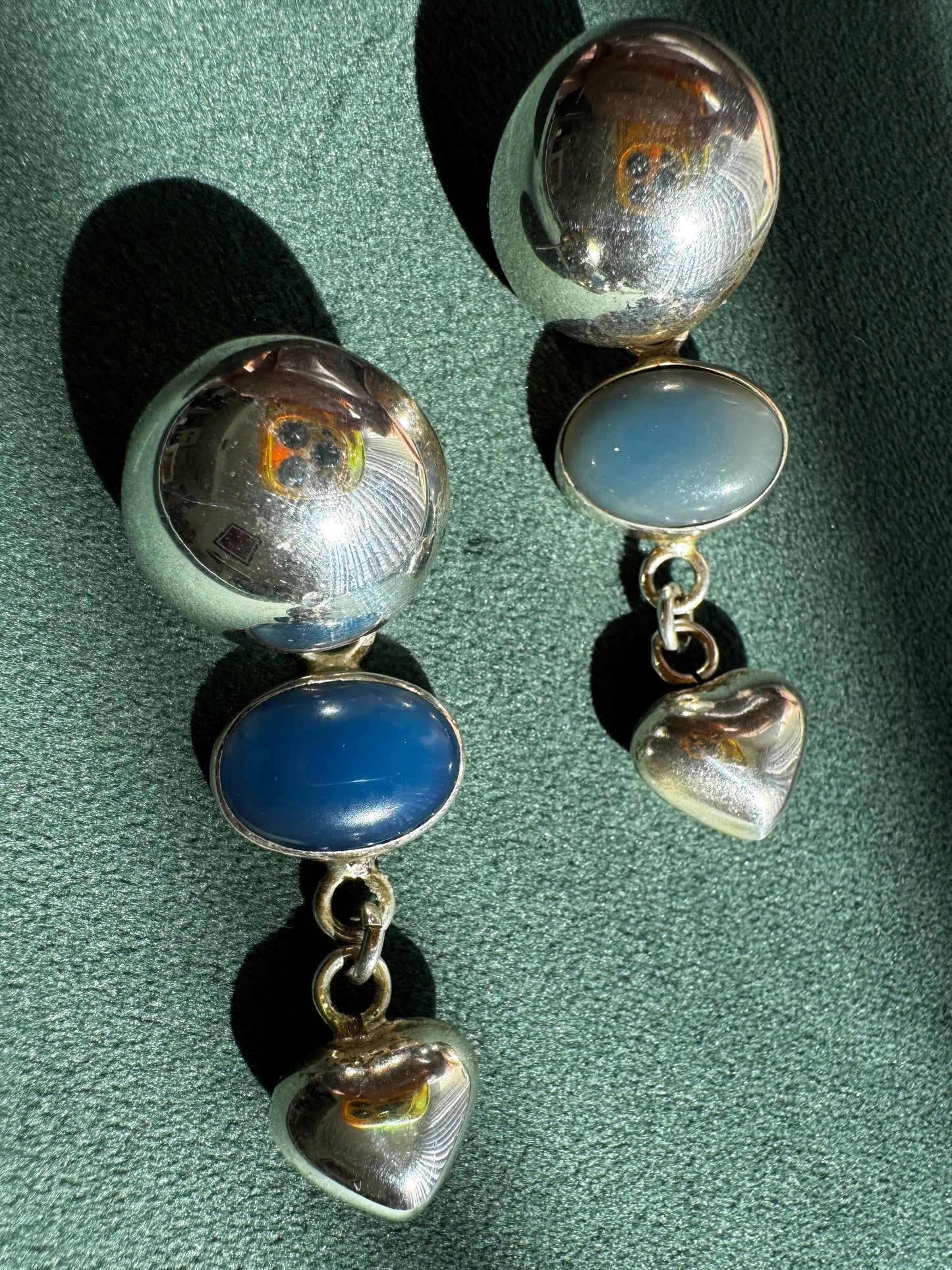 Vintage Taxco Mexico Sterling Silver Dome Chalcedony Heart Drop Earrings Y2K Romantic Three Element Dangle TM 925