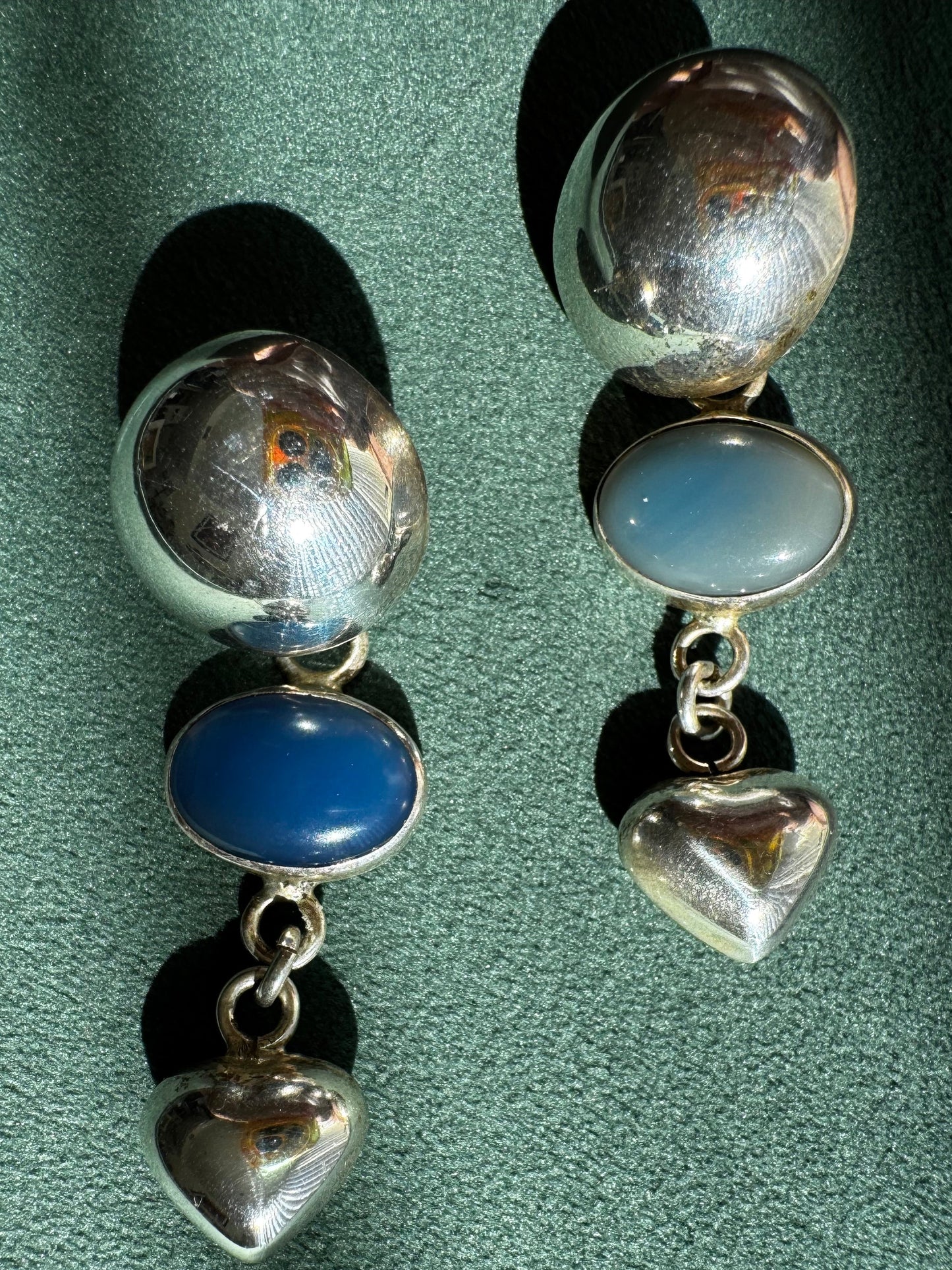 Vintage Taxco Mexico Sterling Silver Dome Chalcedony Heart Drop Earrings Y2K Romantic Three Element Dangle TM 925