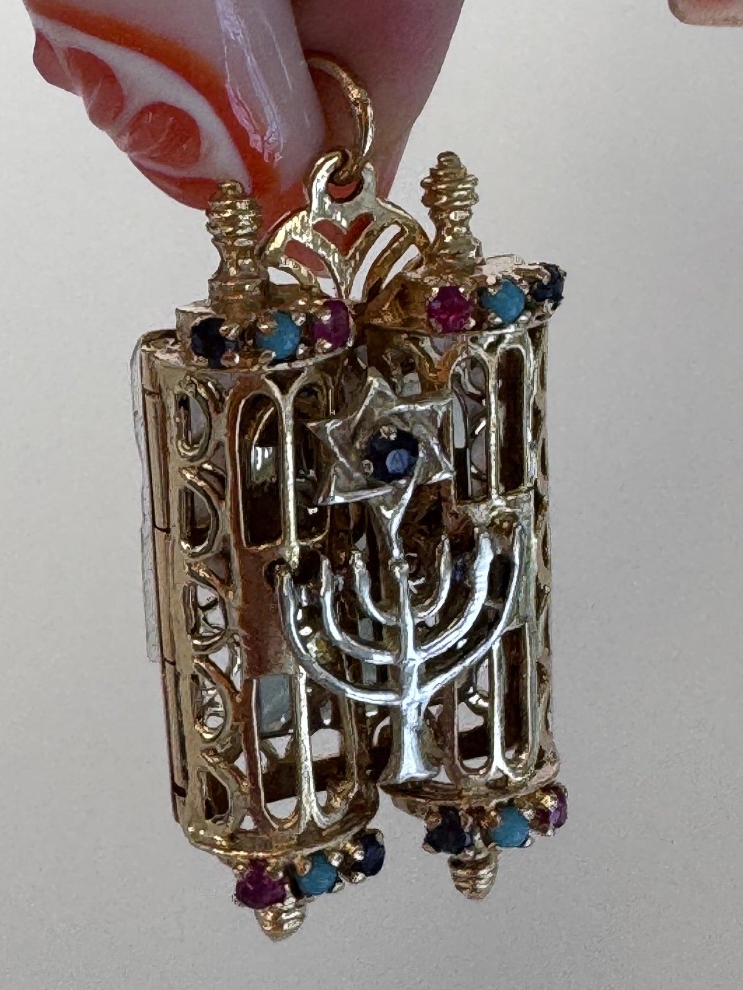 Magnificent 1950s Custom Torah Scroll Charm - 14k Two-Tone Gold with Gemstones