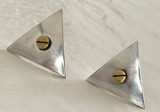 Vintage Estate Mexican Modernist Sterling Silver & Brass Triangle Screw Earrings - Taxco Hallmarked Post Modern Geometric Design