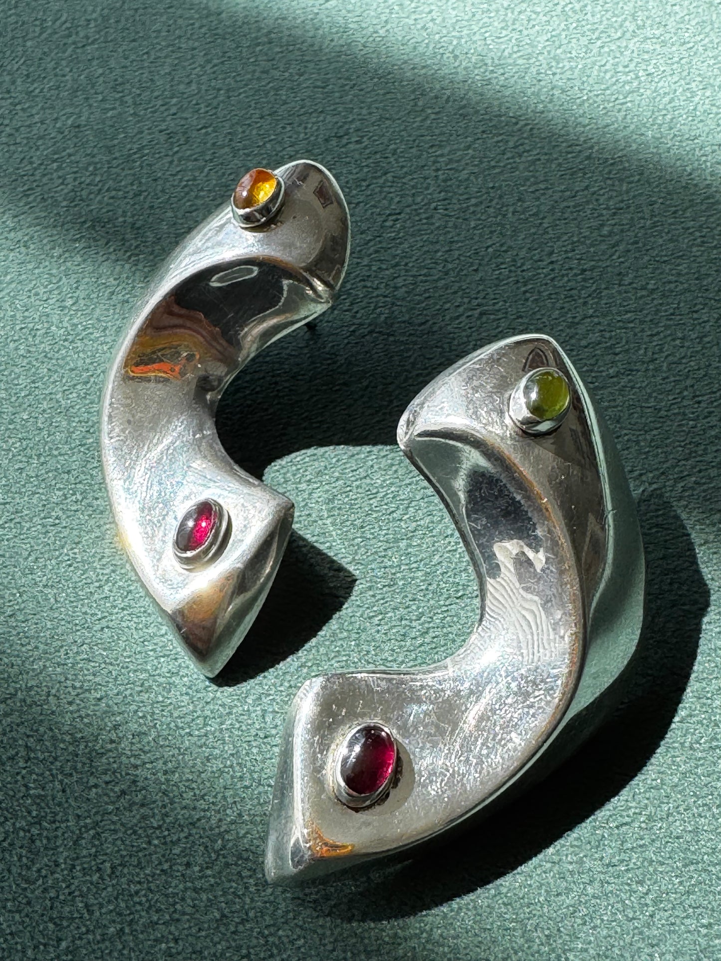 Vintage Y2K 1990’s Silver Sculptural Crescent Earrings Garnet Citrine Peridot Modernist Statement