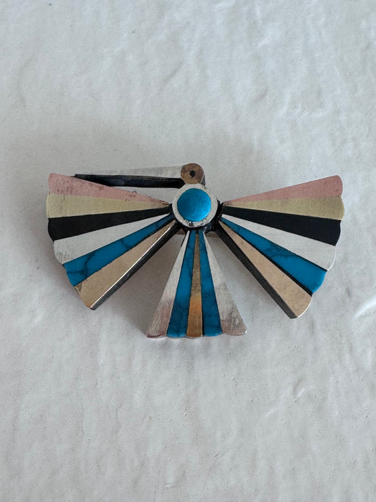 Vintage Estate Mexican Modernist Tono Piedra Negra Inlay Bird Brooch - Sterling Silver