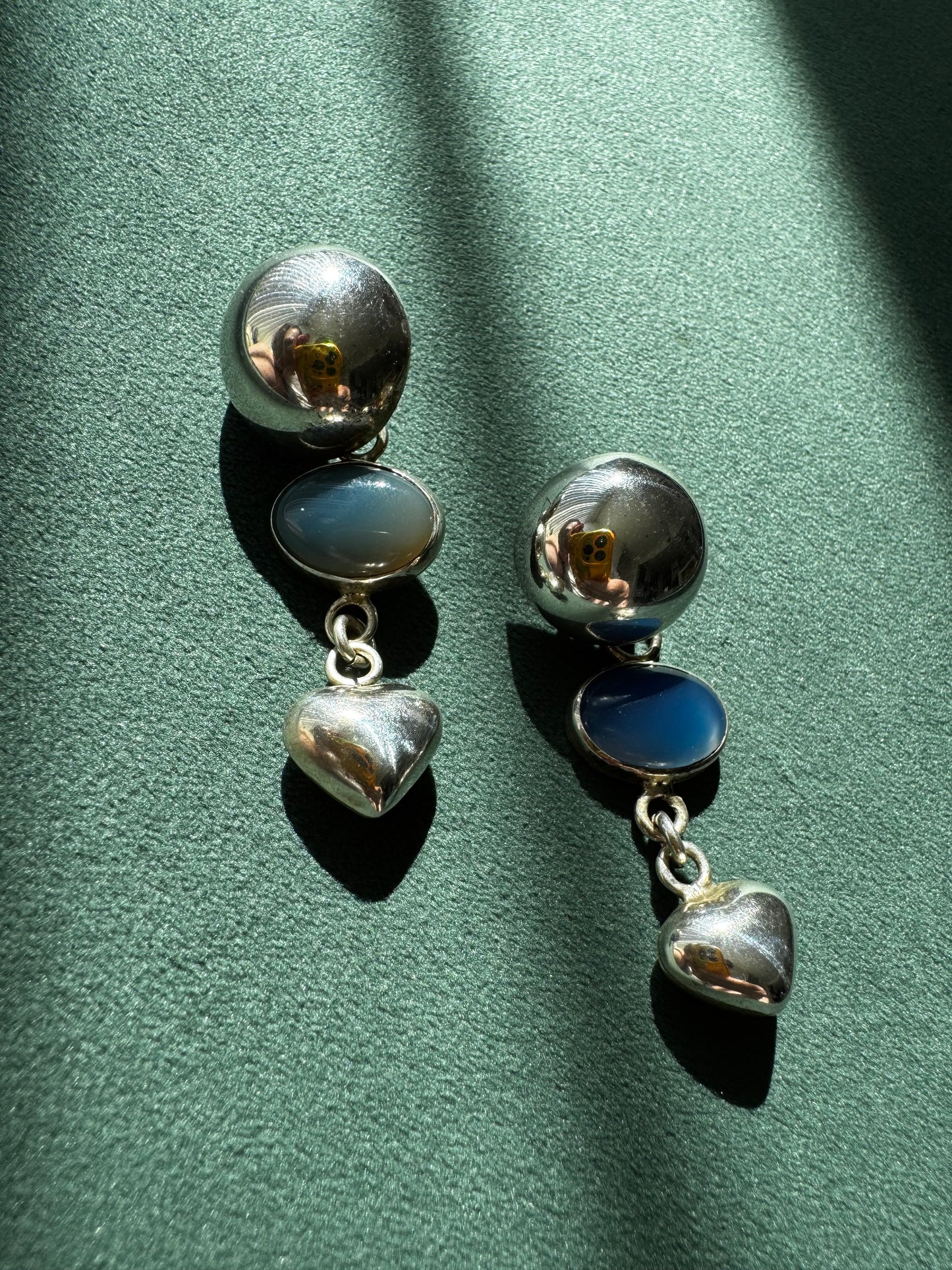 Vintage Taxco Mexico Sterling Silver Dome Chalcedony Heart Drop Earrings Y2K Romantic Three Element Dangle TM 925