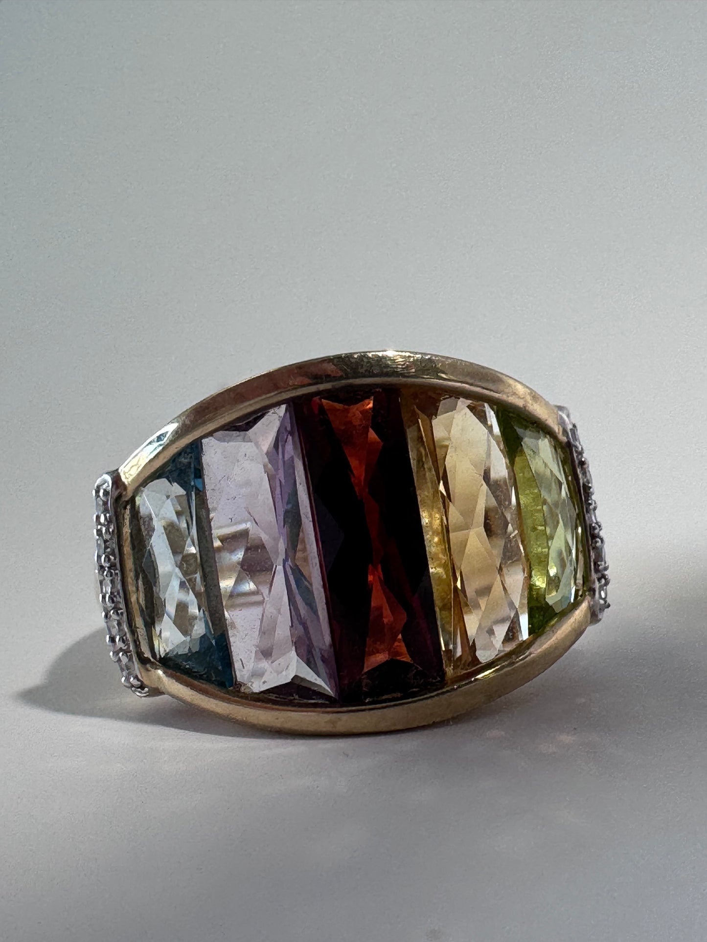 Estate 10K Gold Rainbow Multicolor Gemstone Shield Ring