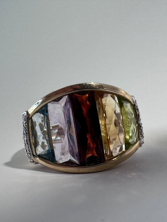 Estate 10K Gold Rainbow Multicolor Gemstone Shield Ring