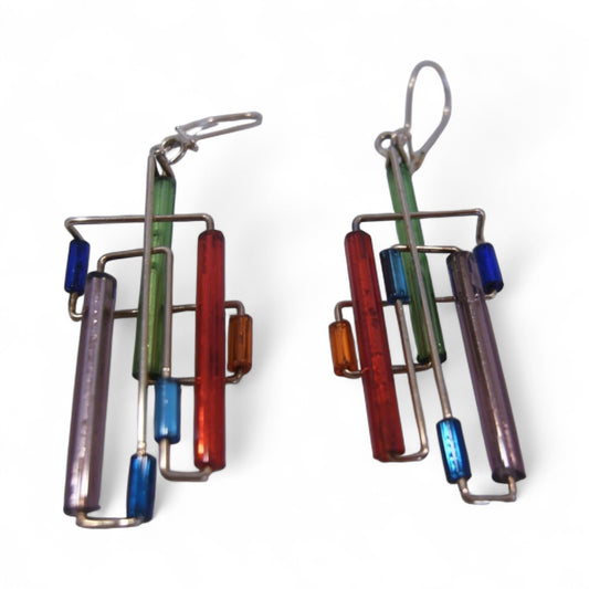 Estate Artist Made Modernist Mondrian 14K Gold Rainbow Maze Earrings