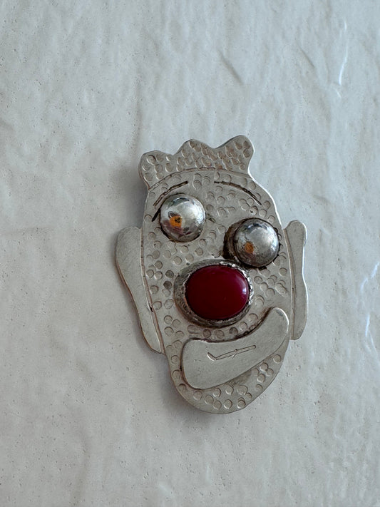 Sterling Silver Clown Face Pendant with Coral Nose - Native Made