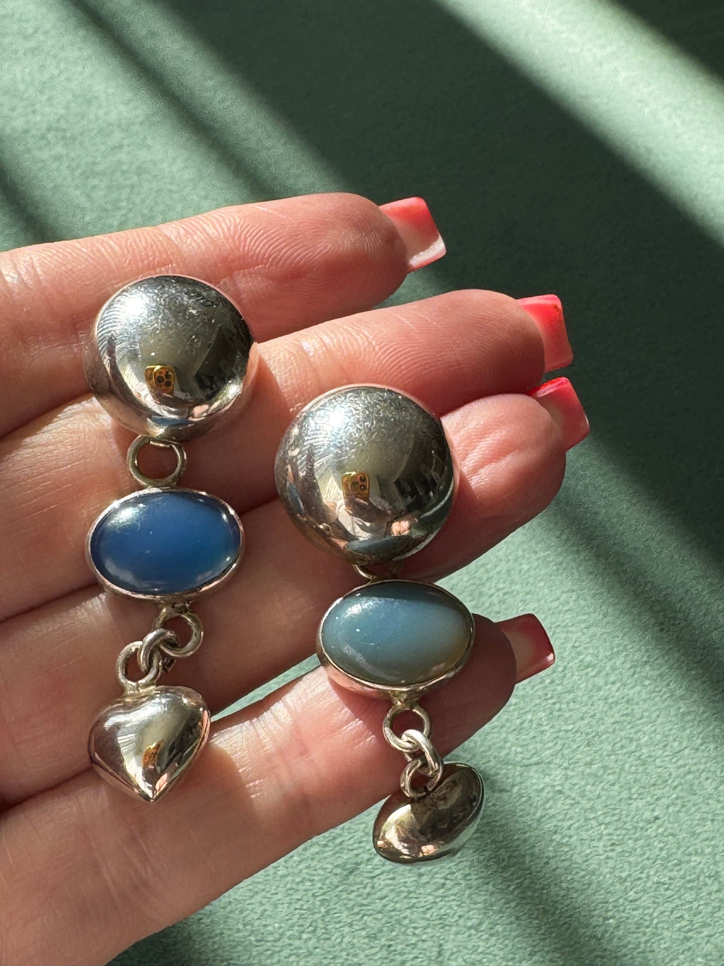 Vintage Taxco Mexico Sterling Silver Dome Chalcedony Heart Drop Earrings Y2K Romantic Three Element Dangle TM 925