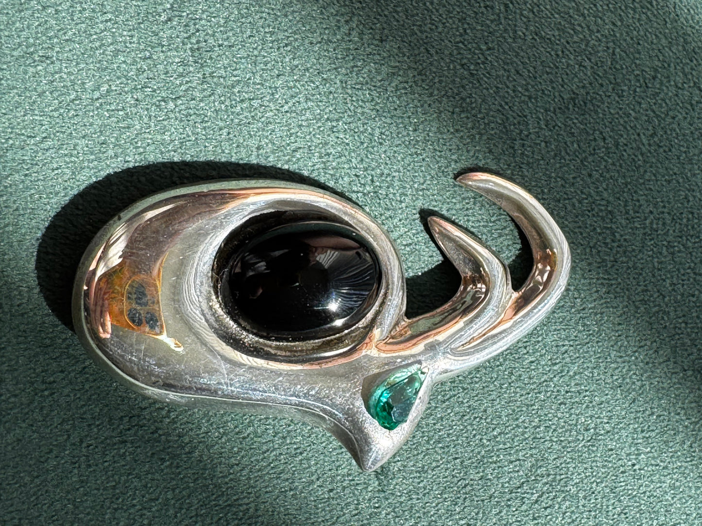 Vintage Sterling Silver Modernist Biomorphic Brooch Black Onyx and Teal Stone Mexico 1980s