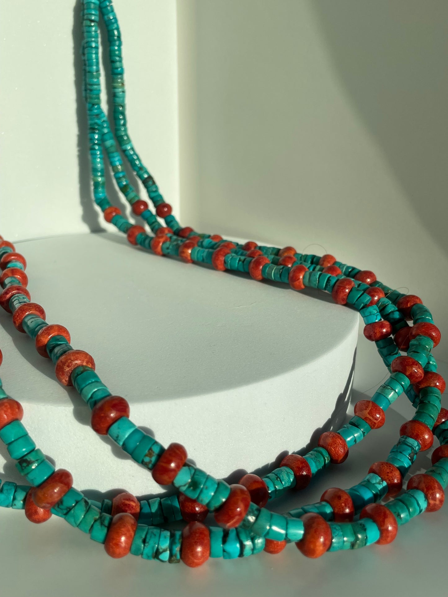 Vintage Authentic Turquoise and Coral Beaded Heshi Necklace Large and Long