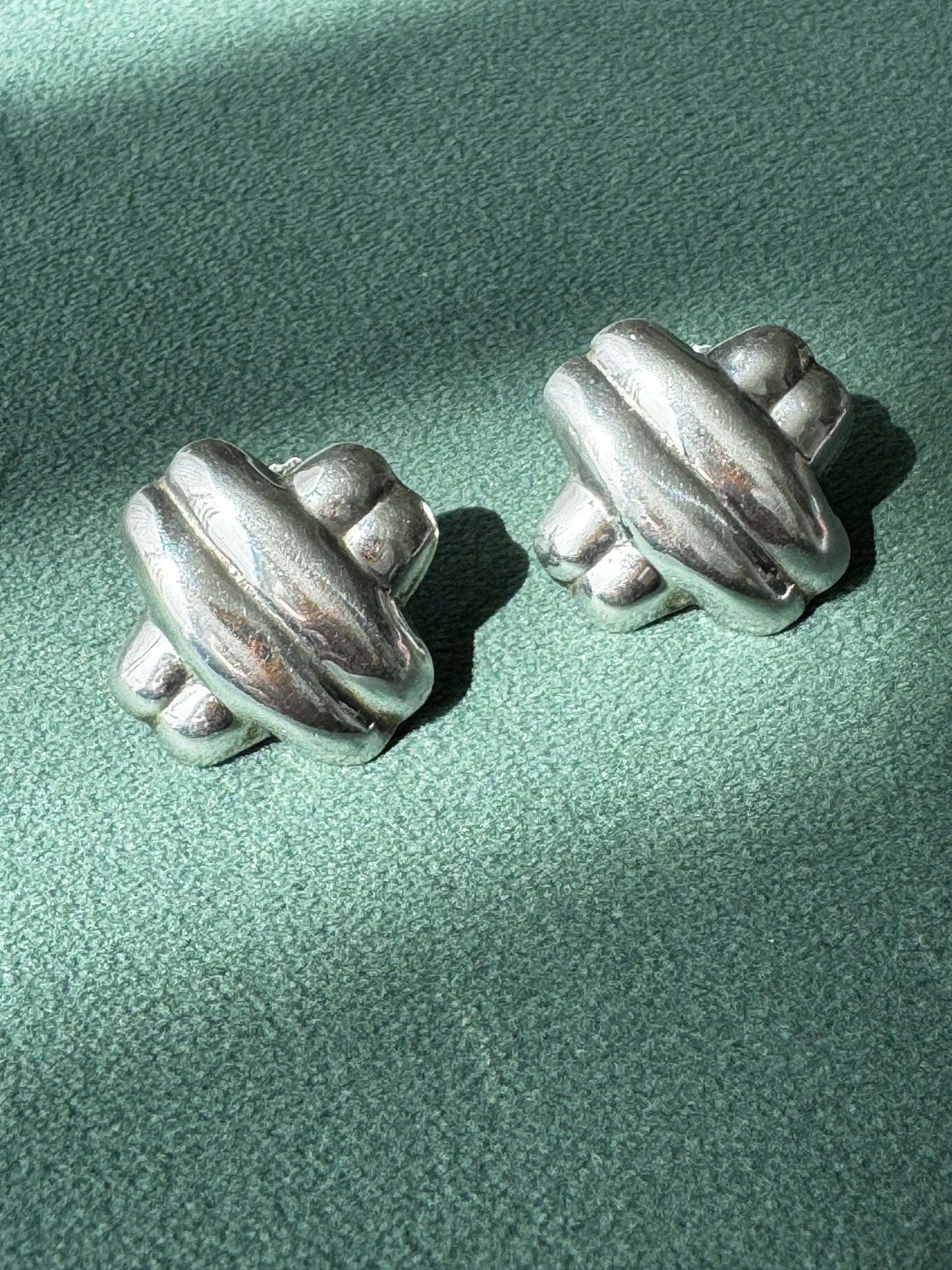 Vintage Sterling Silver Chunky Sculptural X Crossover Earrings Bold Geometric Y2K Energy