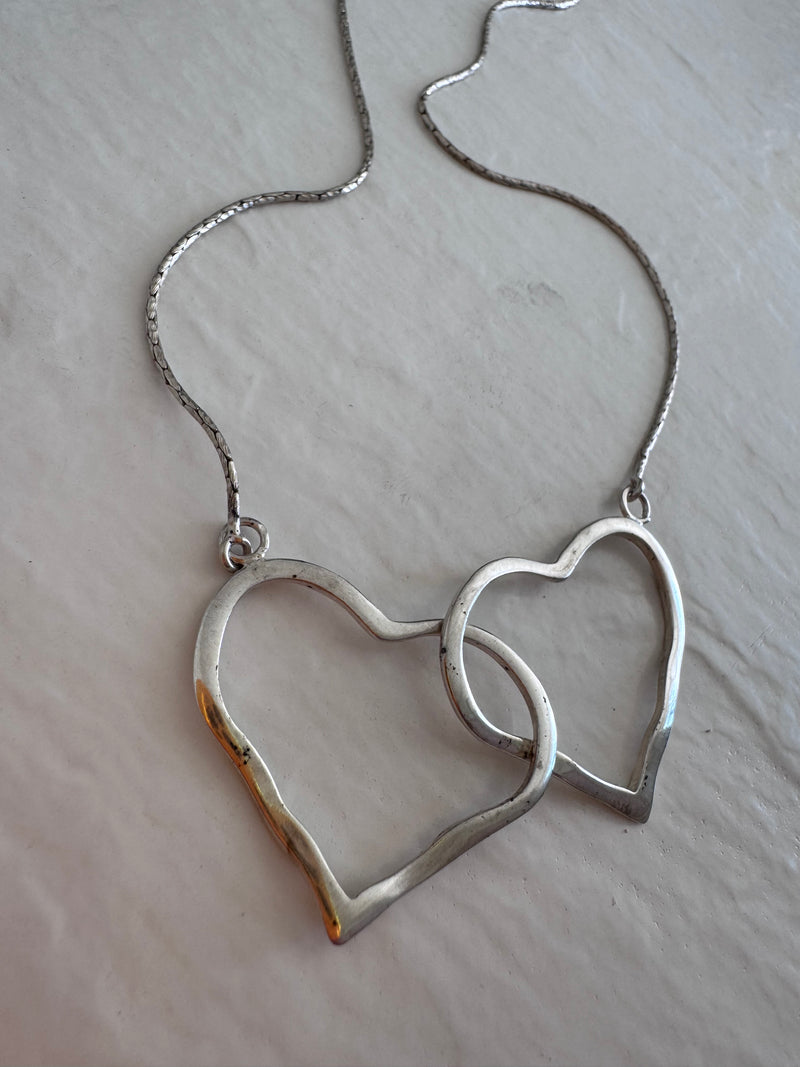 Estate Vintage 1990s Sterling Silver Interlocking Double Heart Necklace Romantic Love Jewelry
