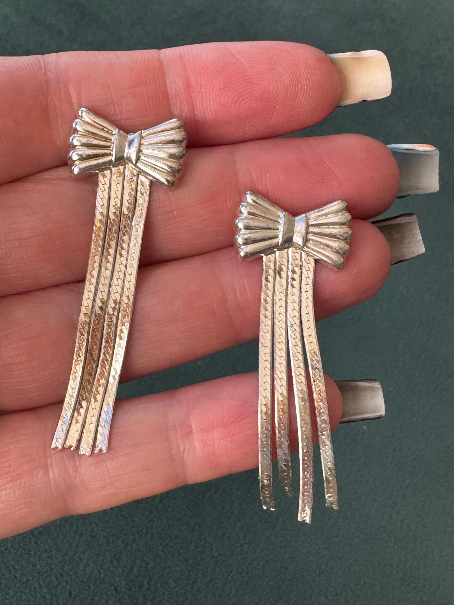Vintage Sterling Silver Bow Earrings with Fringe Dangles Rockabilly Pin-Up Style