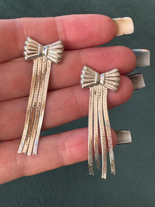 Vintage Sterling Silver Bow Earrings with Fringe Dangles Rockabilly Pin-Up Style