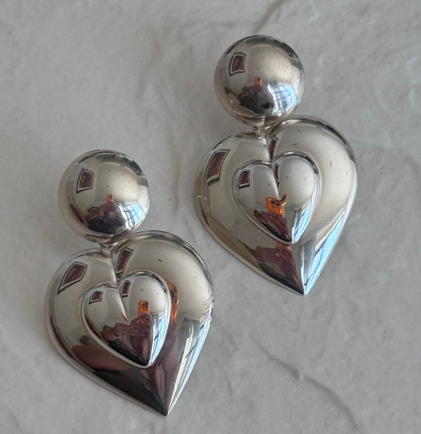 Vintage Mexican Sterling Silver Double Heart Drop Earrings Y2K Puffy with Mirror Finish