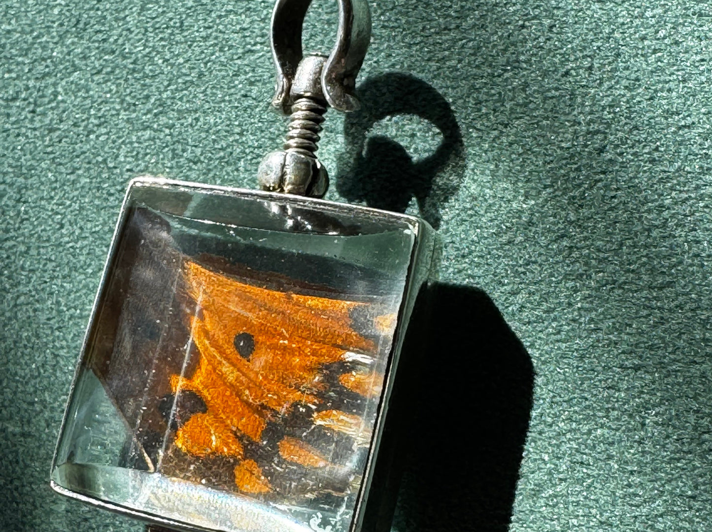 Vintage Real Butterfly Wing Sterling Silver Locket Pendant Square Glass Screw Open Insect Jewelry