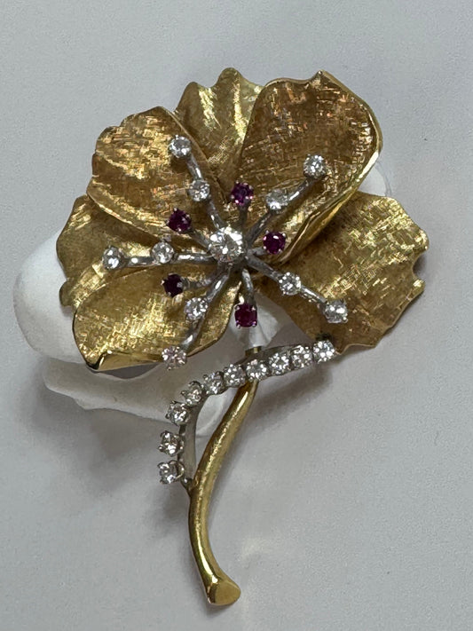 Estate 1950s 18K Gold Ruby Diamond Flower Brooch Pendant