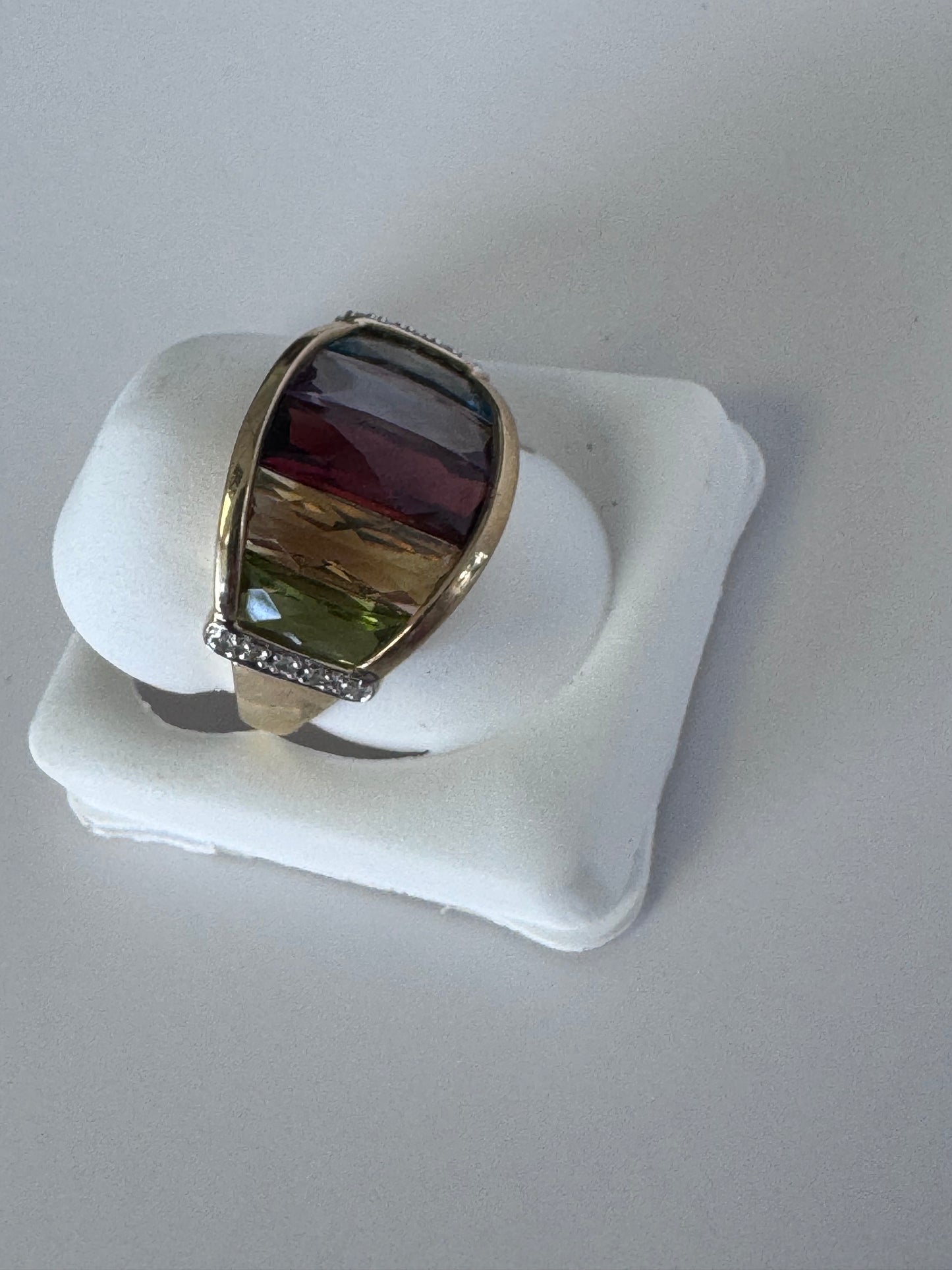 Estate 10K Gold Rainbow Multicolor Gemstone Shield Ring