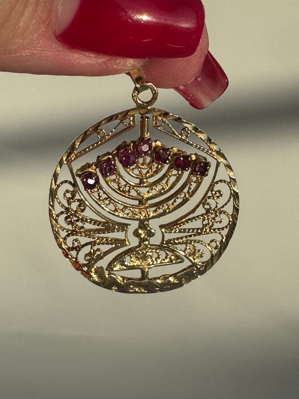 Vintage Spinning Menorah Pendant with Ruby and Turquoise Flames