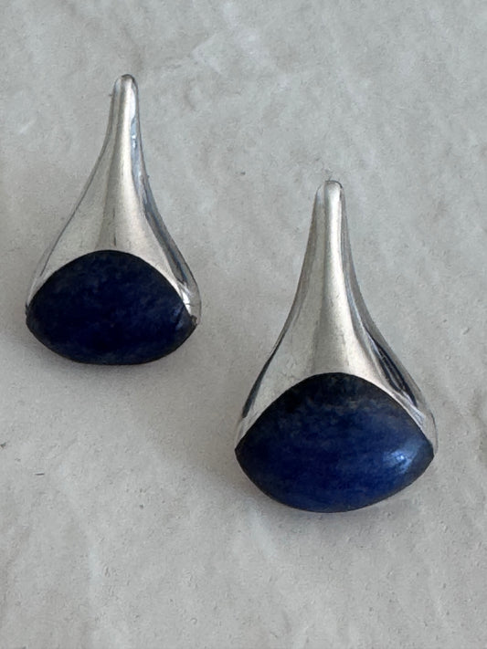 Vintage Taxco sterling silver teardrop post earrings with blue sodalite stone inlays, showing Mexico hallmarks and 925 silver stamps