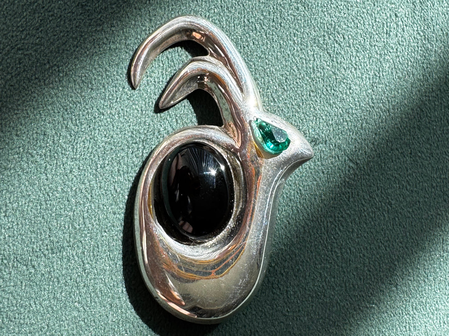 Vintage Sterling Silver Modernist Biomorphic Brooch Black Onyx and Teal Stone Mexico 1980s