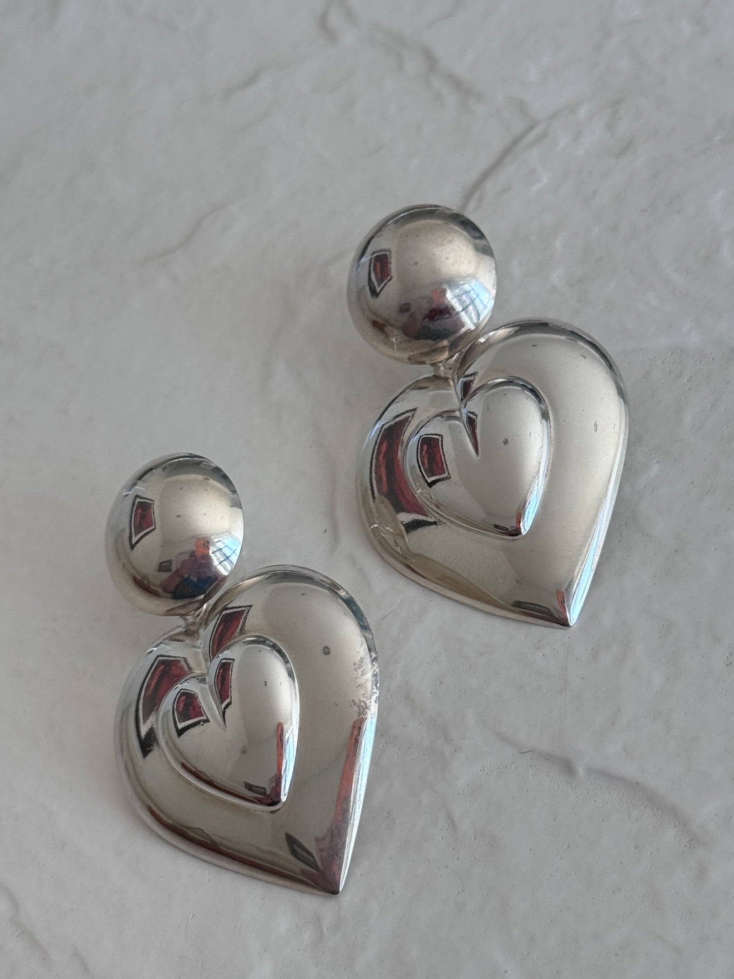 Vintage Mexican Sterling Silver Double Heart Drop Earrings Y2K Puffy with Mirror Finish