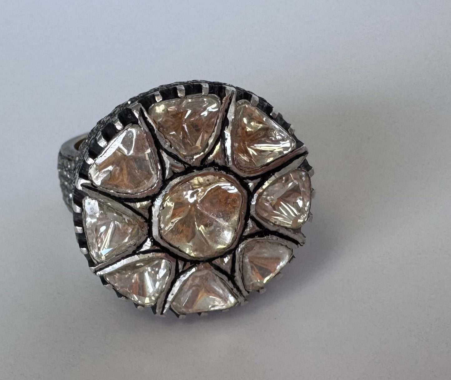 Estate sterling silver Polki rose cut diamond flower ring traditional Indian Mughal style uncut diamonds