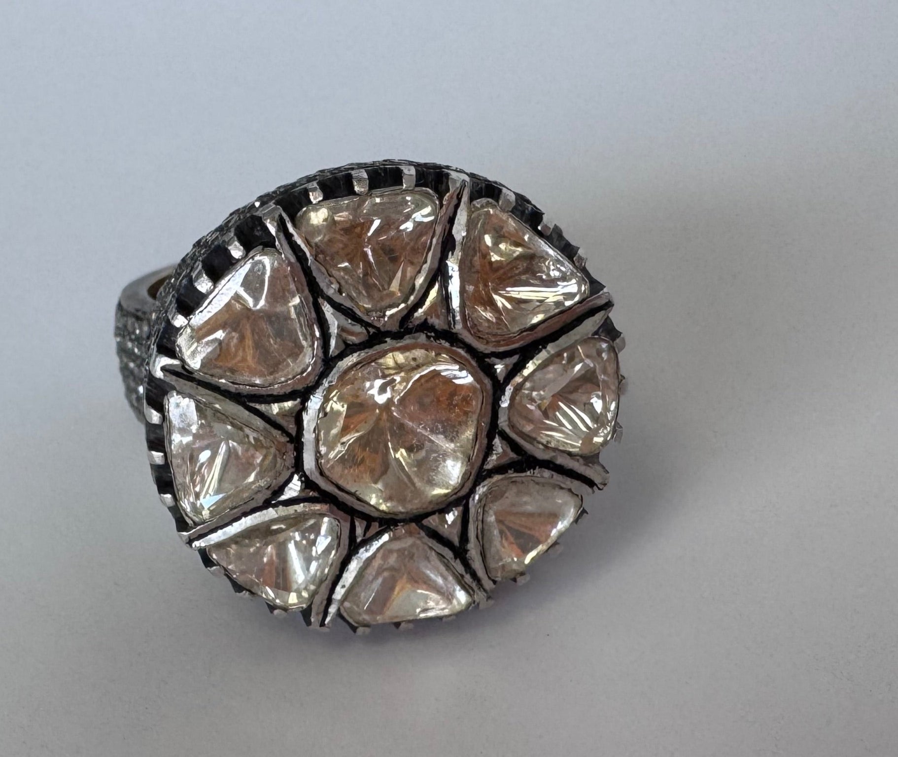 Estate sterling silver Polki rose cut diamond flower ring traditional Indian Mughal style uncut diamonds