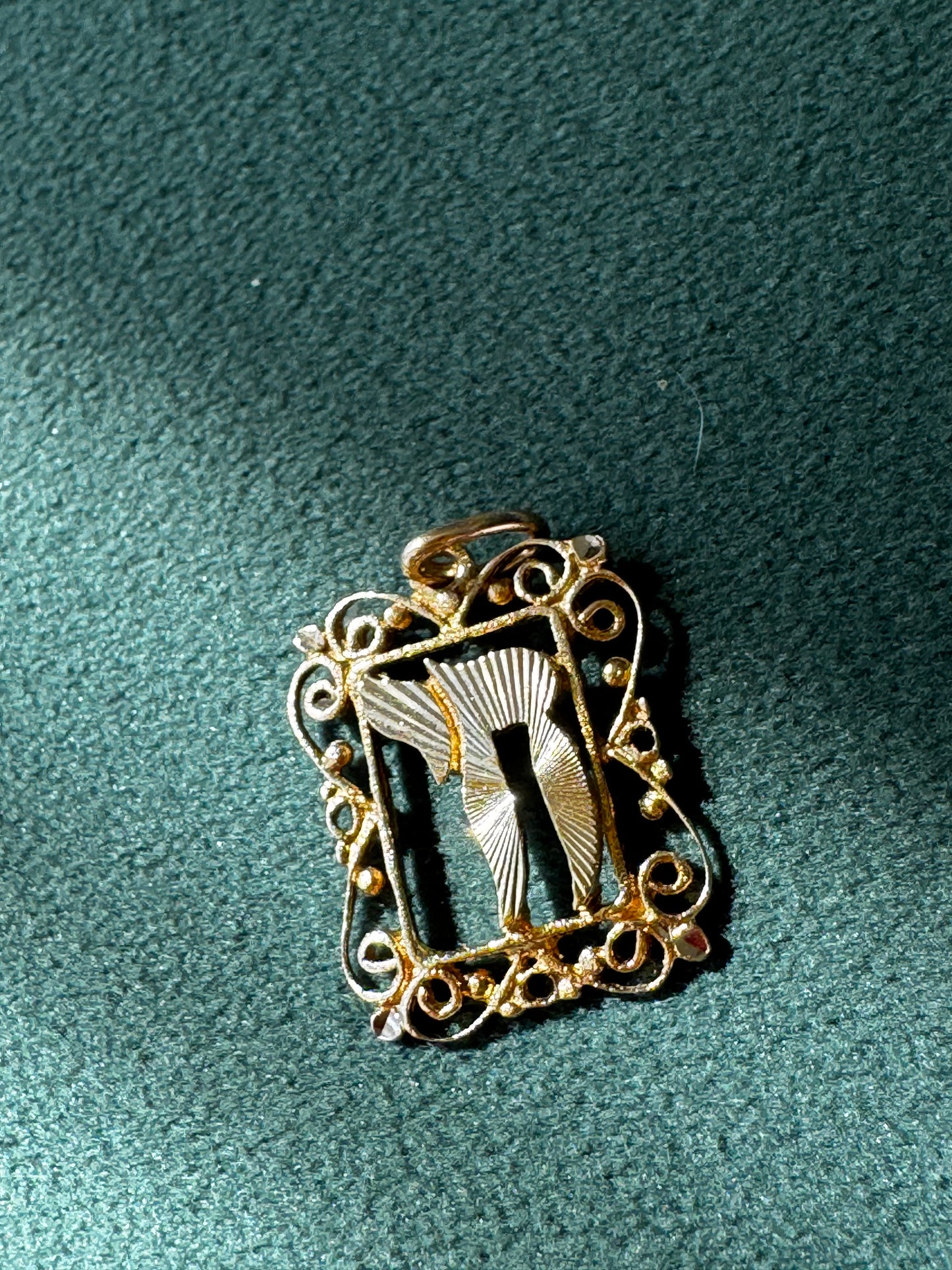 Estate 14K Yellow Gold Filigree Chai Pendant Scrollwork Frame Hebrew Life Symbol Judaica Fine Jewelry