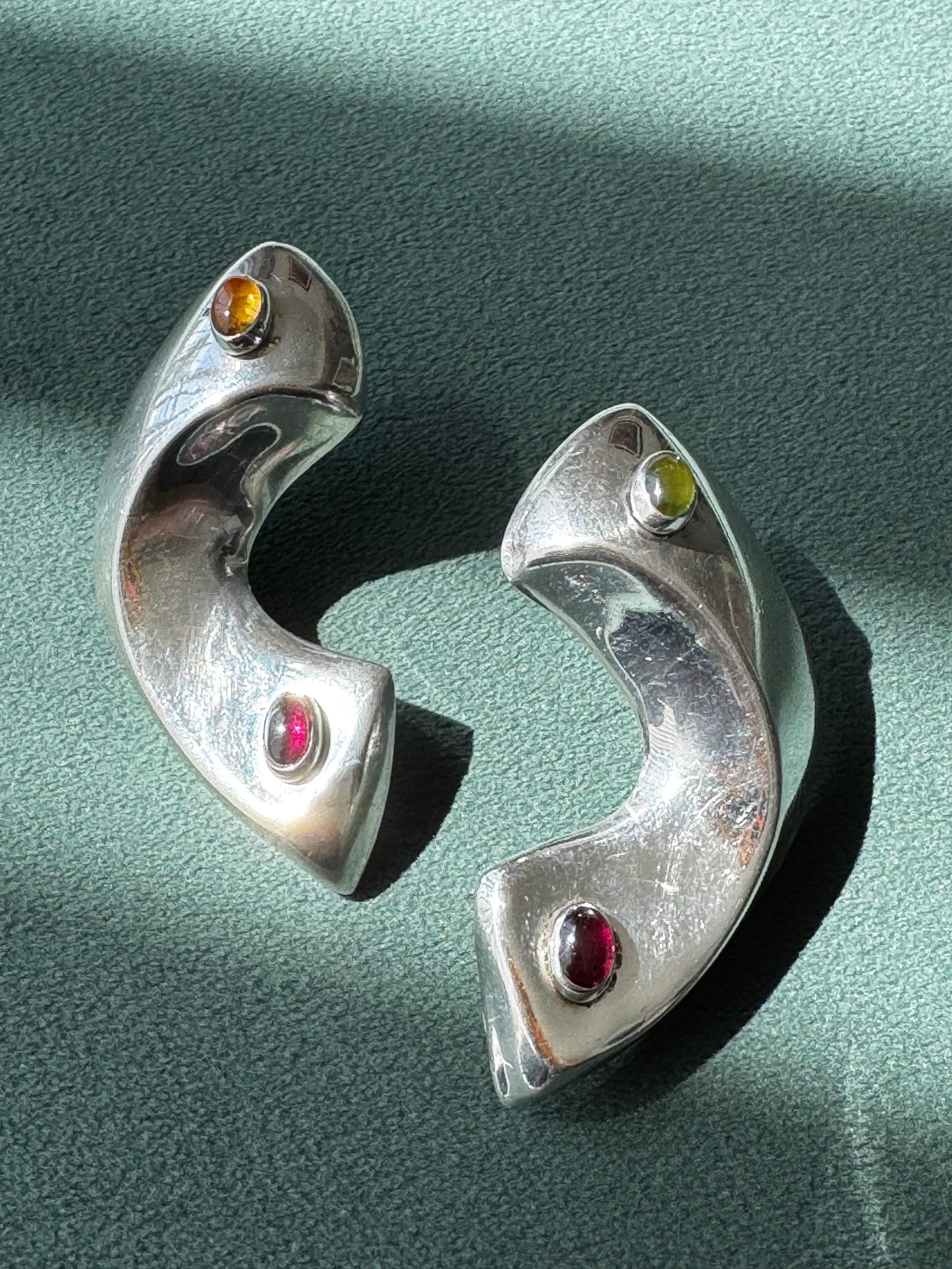 Vintage Y2K 1990’s Silver Sculptural Crescent Earrings Garnet Citrine Peridot Modernist Statement