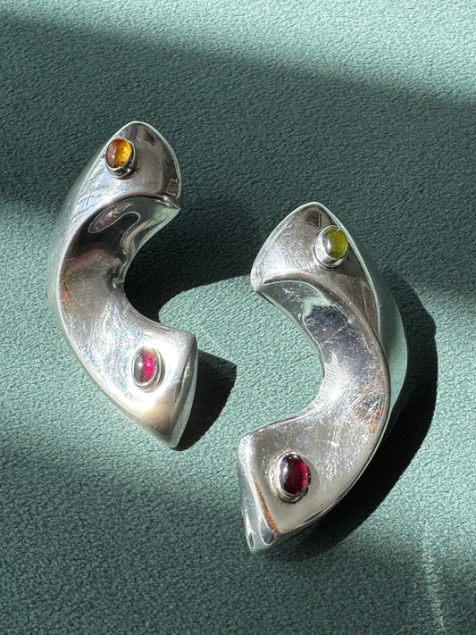 Vintage Y2K 1990’s Silver Sculptural Crescent Earrings Garnet Citrine Peridot Modernist Statement