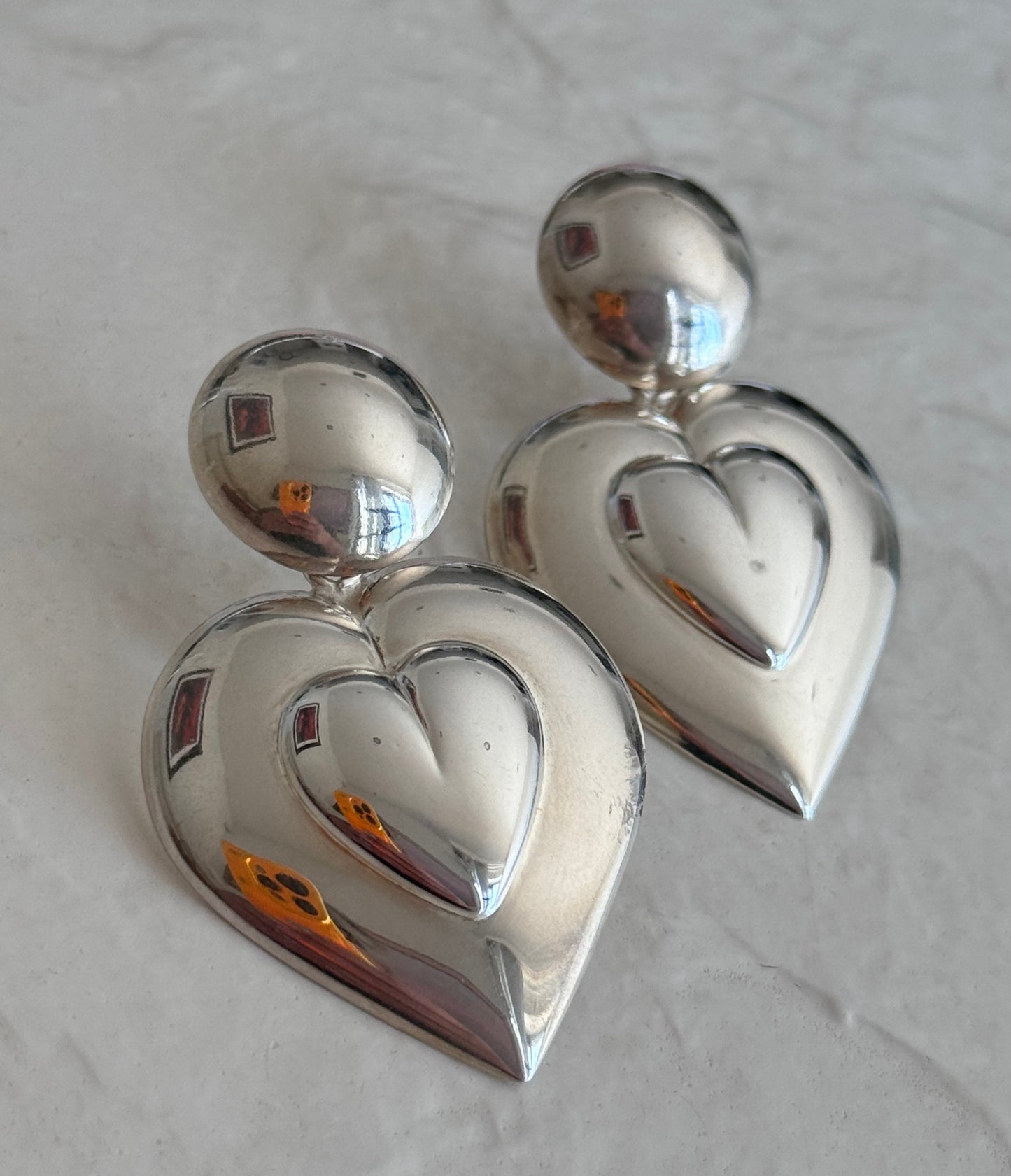 Vintage Mexican Sterling Silver Double Heart Drop Earrings Y2K Puffy with Mirror Finish