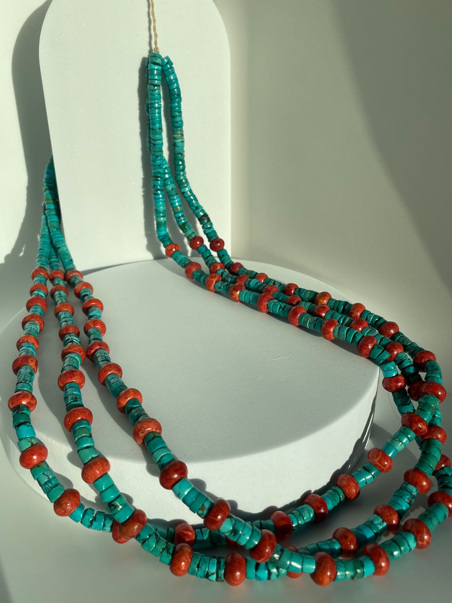Vintage Authentic Turquoise and Coral Beaded Heshi Necklace Large and Long
