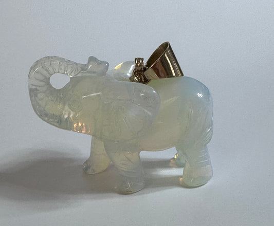 
Large hand carved opal elephant pendant with 14K gold bail, trunk up position, estate jewelry good luck charm