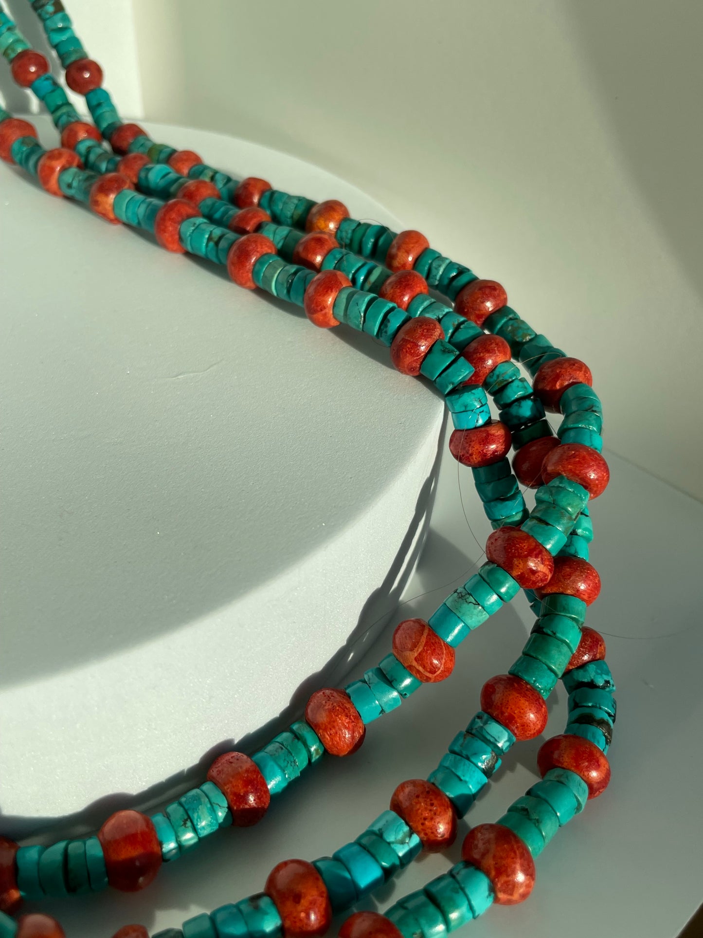 Vintage Authentic Turquoise and Coral Beaded Heshi Necklace Large and Long