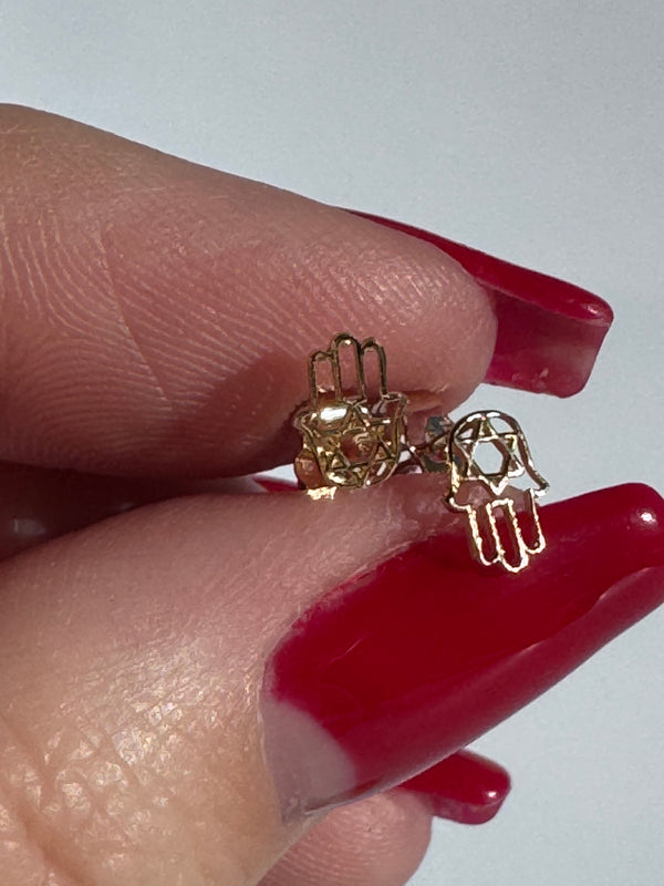 Teeny Tiny Hamsa with Sat of David Earrings in 14k