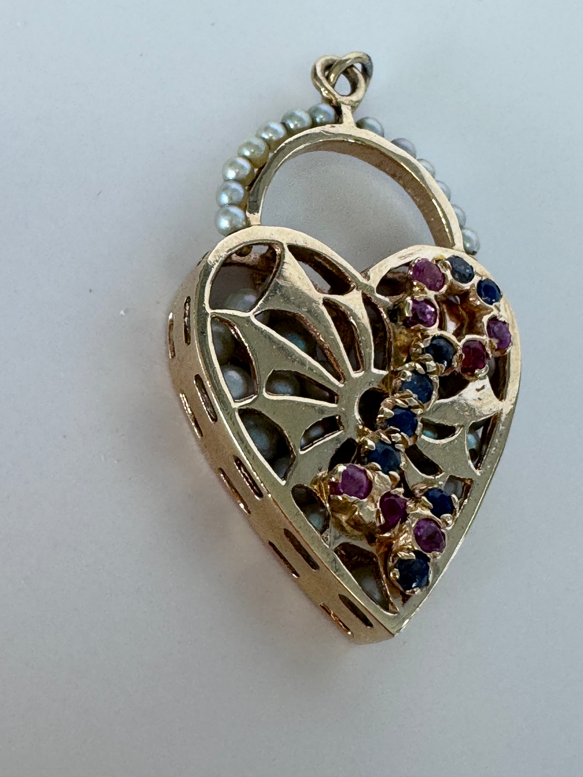 Mid century 14K gold key to my heart charm with rubies sapphires and rattling pearls inside heart lock, vintage charm bracelet piece