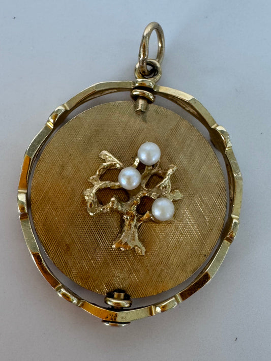14K gold mechanical rotating Tree of Life anniversary pendant with pearls, flips to reveal Happy Anniversary message, vintage dual-sided jewelry