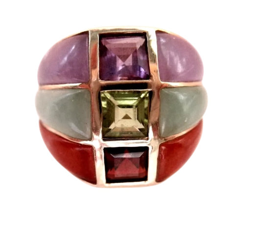 Vintage 14K Yellow Gold Multi-Gemstone Wide Band Ring