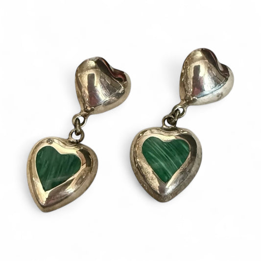 Estate Vintage Sterling Silver Malachite Heart Drop Earrings Double Heart Design